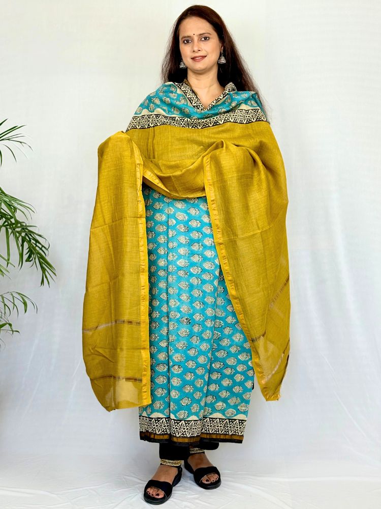 Royal Dusk – Blue & Mustard Yellow Chanderi Silk Cotton Suit Set with Bagru Hand Block Print